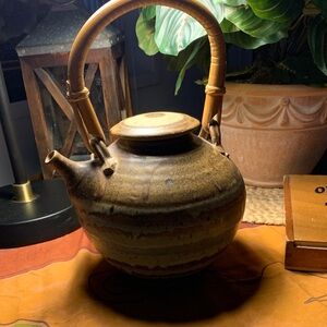 Pottery & Rattan Tea Pot With Lid Signed